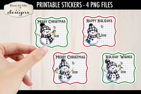 Buffalo Plaid Snowman Printable Gift Tag Stickers | 4 PNG Files Sublimation Ewe-N-Me Designs 