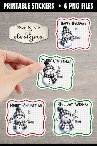 Buffalo Plaid Snowman Printable Gift Tag Stickers | 4 PNG Files Sublimation Ewe-N-Me Designs 