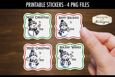 Buffalo Plaid Snowman Printable Gift Tag Stickers | 4 PNG Files Sublimation Ewe-N-Me Designs 