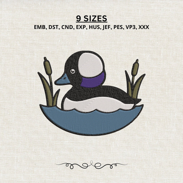 Bufflehead Duck Embroidery Design – Waterfowl Bird with Cattails Machine Embroidery File, Duck Hunting Nature Design Embroidery/Applique DESIGNS PatternFeed8 