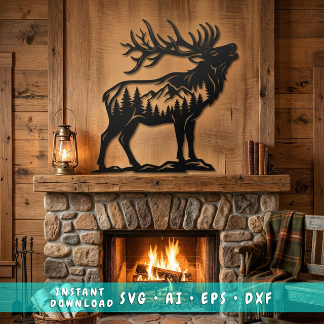 Bugling Elk Metal Wall Art SVG | Deer Forest Scene DXF for Plasma CNC Laser Cut | Rustic Cabin Decor File | Wildlife Silhouette Svg SVG HappyDesignStudio 