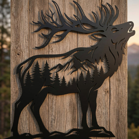 Bugling Elk Metal Wall Art SVG | Deer Forest Scene DXF for Plasma CNC Laser Cut | Rustic Cabin Decor File | Wildlife Silhouette Svg SVG HappyDesignStudio 