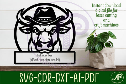 Bull head in cowboy hat name wall art sign, SVG personalized SVG APInspireddesigns 