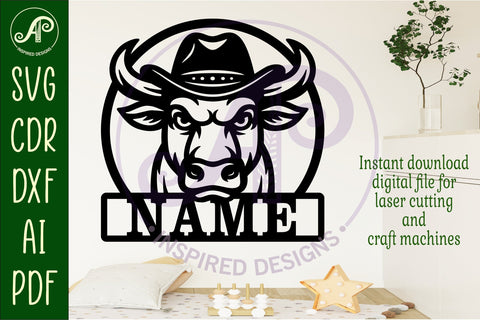 Bull head in cowboy hat name wall art sign, SVG personalized SVG APInspireddesigns 
