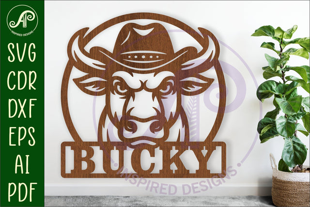 Bull head in cowboy hat name wall art sign, SVG personalized SVG APInspireddesigns 