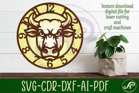 Bull head wall clock laser cut files SVG APInspireddesigns 
