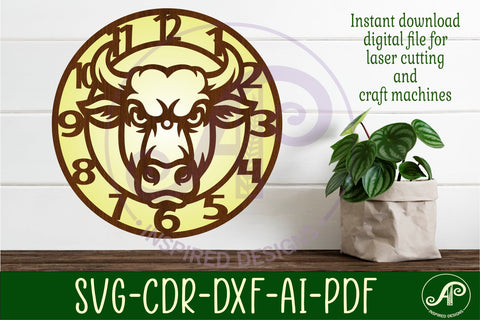 Bull head wall clock laser cut files SVG APInspireddesigns 