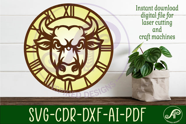 Bull head wall clock laser cut files SVG APInspireddesigns 