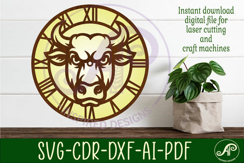 Bull head wall clock laser cut files SVG APInspireddesigns 