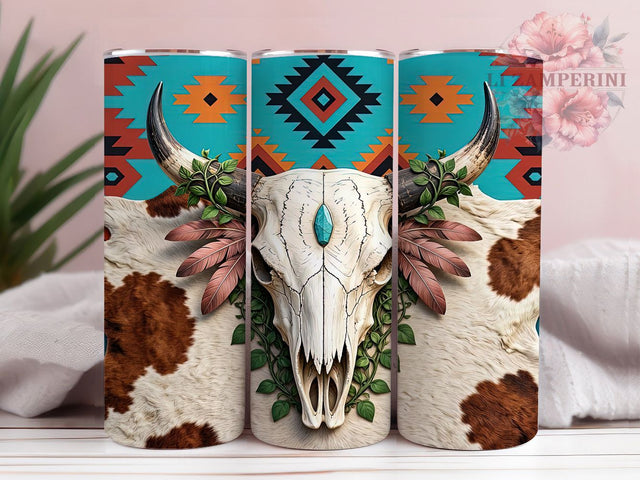 Bull Skull Southwest 20oz Tumbler, Bull Skull, Southwest Theme, Western Style, Rustic Motif, Bold Graphic, Skinny Tumbler, Sublimation PNG Sublimation Li Zamperini 