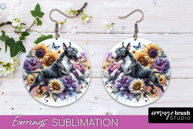 Bull Terrier Earrings - Dog Mom Floral Round Earring Sublimation Sublimation OrangeBrushStudio 