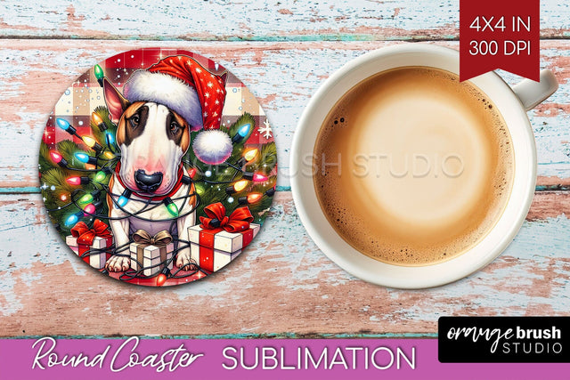 Bull Terrier Funny Christmas Dog Round Coaster Sublimation OrangeBrushStudio 