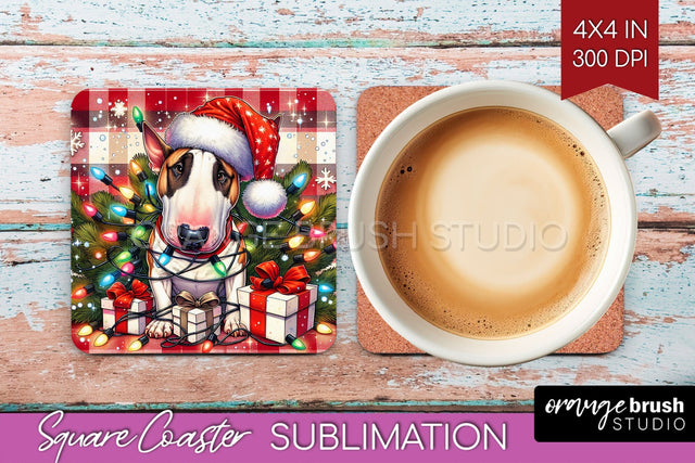 Bull Terrier Funny Christmas Dog Square Coaster Sublimation OrangeBrushStudio 