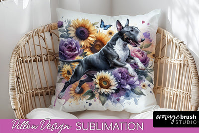 Bull Terrier Pillow Cover - Dog Mom Floral Pillow Sublimation Sublimation OrangeBrushStudio 