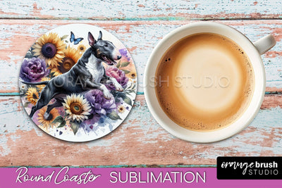 Bull Terrier Round Coaster - Dog Mom Floral Coaster Sublimation Sublimation OrangeBrushStudio 