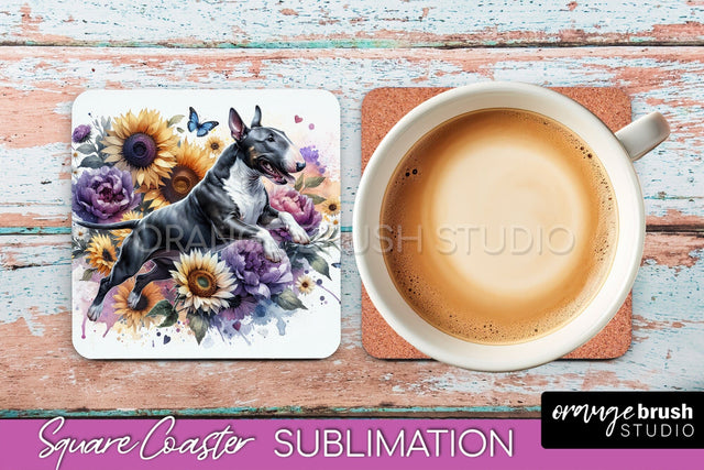 Bull Terrier Square Coaster - Dog Mom Floral Coaster Sublimation Sublimation OrangeBrushStudio 