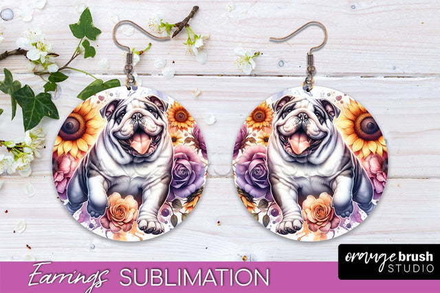 Bulldog Earrings - Dog Mom Floral Round Earring Sublimation Sublimation OrangeBrushStudio 