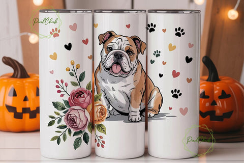 Bulldog Floral Tumbler Wrap PNG Sublimation PixelChick 