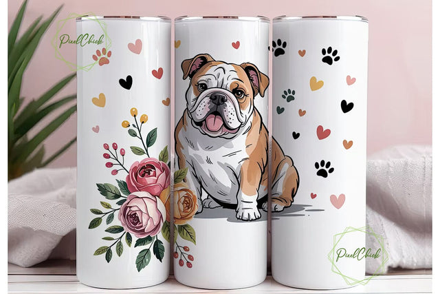 Bulldog Floral Tumbler Wrap PNG Sublimation PixelChick 