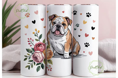 Bulldog Floral Tumbler Wrap PNG Sublimation PixelChick 