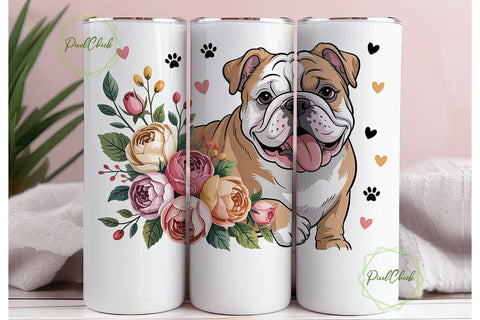 Bulldog Floral Tumbler Wrap PNG Sublimation PixelChick 