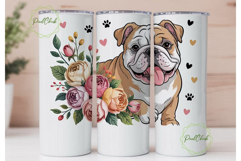 Bulldog Floral Tumbler Wrap PNG Sublimation PixelChick 