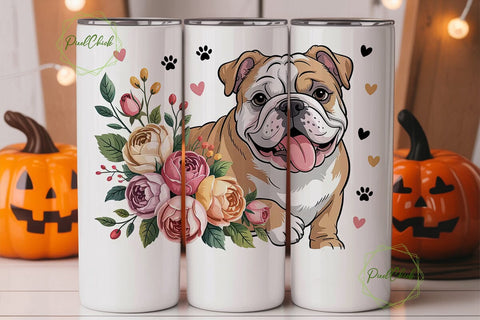 Bulldog Floral Tumbler Wrap PNG Sublimation PixelChick 