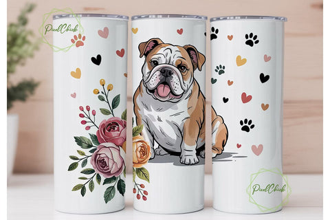 Bulldog Floral Tumbler Wrap PNG Sublimation PixelChick 