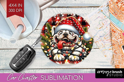 Bulldog Funny Christmas Dog Car Coaster Sublimation OrangeBrushStudio 