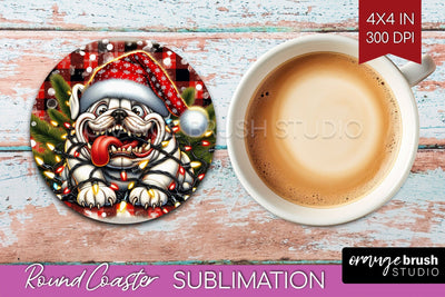 Bulldog Funny Christmas Dog Round Coaster Sublimation OrangeBrushStudio 
