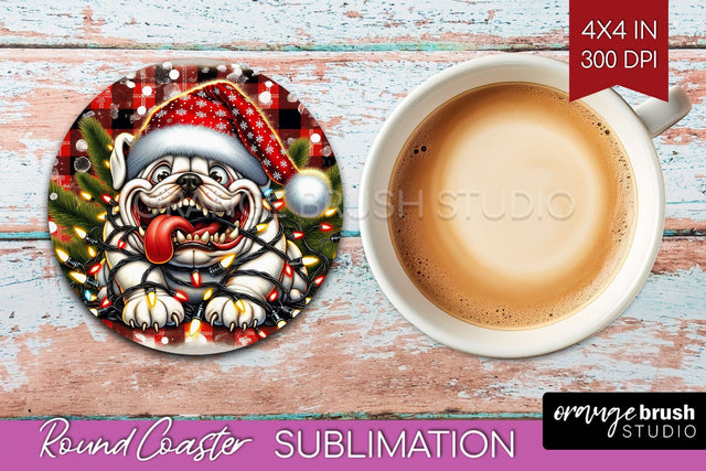 Bulldog Funny Christmas Dog Round Coaster Sublimation OrangeBrushStudio 
