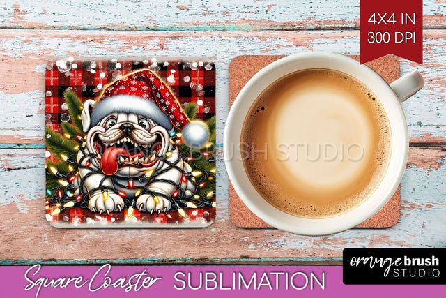 Bulldog Funny Christmas Dog Square Coaster Sublimation OrangeBrushStudio 