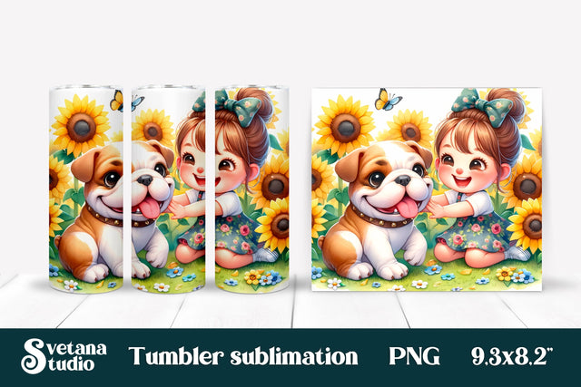 Bulldog girl sunflower tumbler sublimation design Sublimation Svetana Studio 