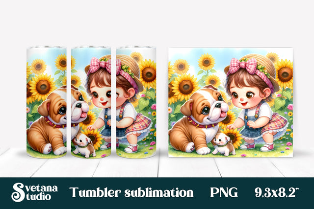 Bulldog girl sunflower tumbler sublimation PNG design wrap Sublimation Svetana Studio 