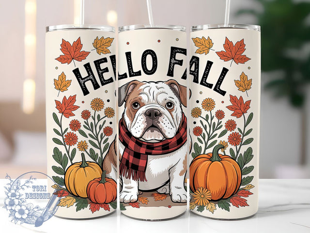 Bulldog Lover Autumn Tumbler Wrap, Hello Fall Wrap, 20oz Sublimation, Autumn Bulldog Cup, Cute Dog Mug, Fall Pet Tumbler, Bulldog Lover Drinkware Sublimation ToriDesigns 