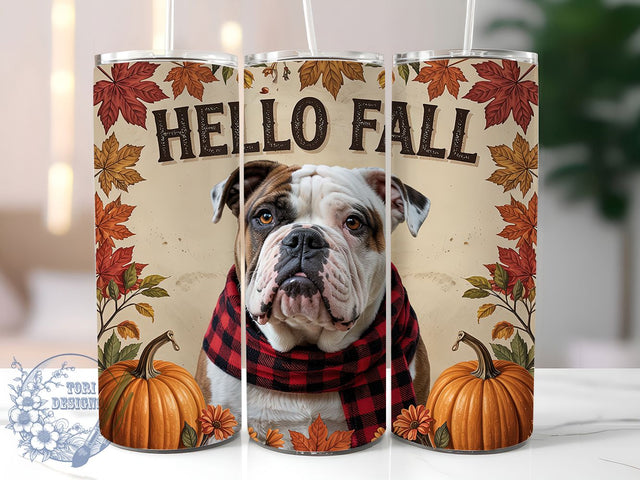 Bulldog Lover Autumn Tumbler Wrap, Hello Fall Wrap, 20oz Sublimation, Autumn Bulldog Cup, Cute Dog Mug, Fall Pet Tumbler, Bulldog Lover Drinkware Sublimation ToriDesigns 