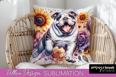 Bulldog Pillow Cover - Dog Mom Floral Pillow Sublimation Sublimation OrangeBrushStudio 