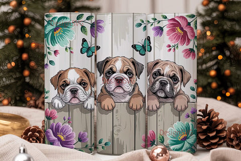 Bulldog Puppies & Flowers Tumbler Wrap Sublimation DesignSVG 