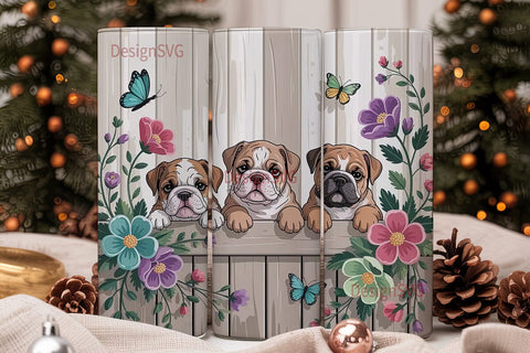 Bulldog Puppies & Flowers Tumbler Wrap Sublimation DesignSVG 