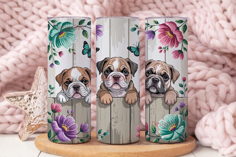 Bulldog Puppies & Flowers Tumbler Wrap Sublimation DesignSVG 