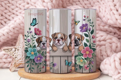 Bulldog Puppies & Flowers Tumbler Wrap Sublimation DesignSVG 