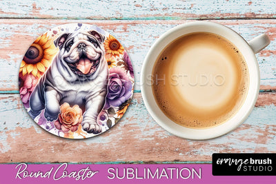 Bulldog Round Coaster - Dog Mom Floral Coaster Sublimation Sublimation OrangeBrushStudio 