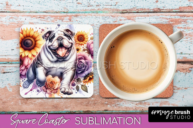 Bulldog Square Coaster - Dog Mom Floral Coaster Sublimation Sublimation OrangeBrushStudio 