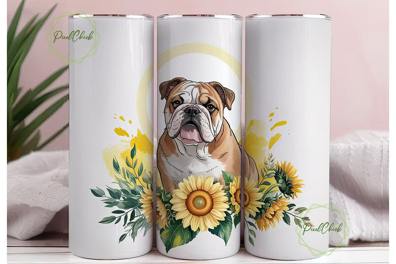 Bulldog Sunflower 20oz Tumbler Wrap Sublimation PixelChick 