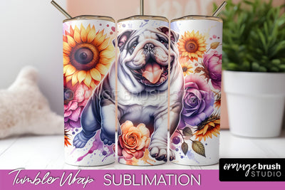Bulldog Tumbler Wrap - Dog Mom Floral Tumbler Sublimation Sublimation OrangeBrushStudio 