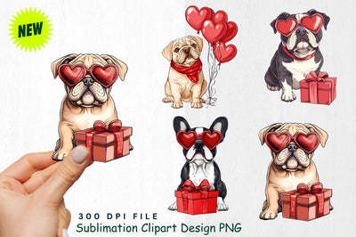 Bulldog with Heart-Shaped Sunglasses and Gift Box Clipart Sublimation Regulrcrative 