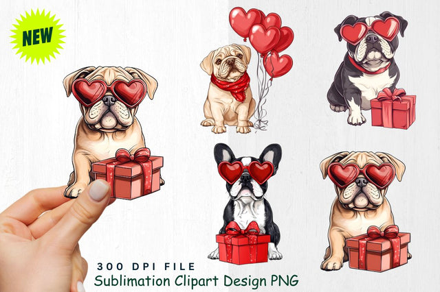 Bulldog with Heart-Shaped Sunglasses and Gift Box Clipart Sublimation Regulrcrative 