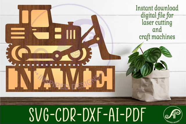 Bulldozer construction vehicle name sign svg laser cut SVG APInspireddesigns 