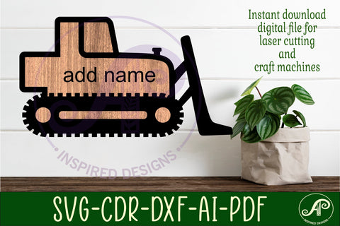 Bulldozer construction vehicle outline layered name sign SVG APInspireddesigns 
