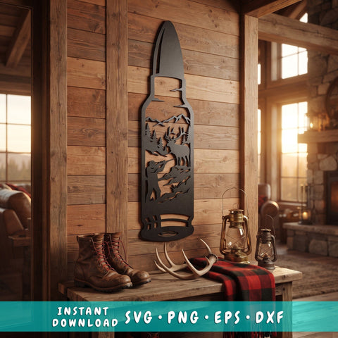 Bullet Hunting Scene Laser SVG | Deer Hunter Metal Wall Art DXF | Rifle Ammo Plasma Cut File | CNC Laser Cut Svg | Glowforge Cricut Cut File SVG HappyDesignStudio 